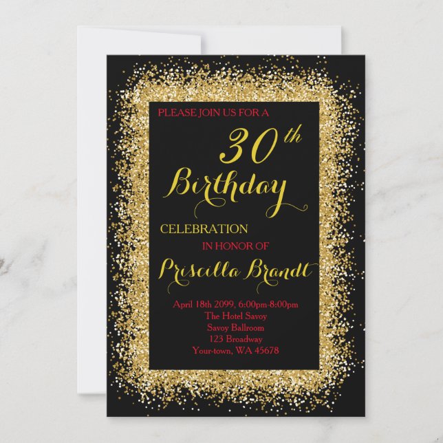 Invitation d'anniversaire, noir, confetti, parties (Devant)