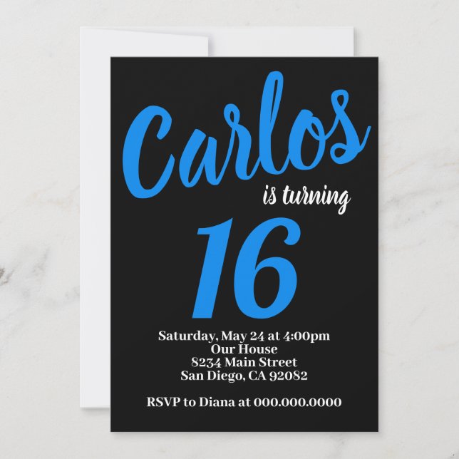 Invitation d'anniversaire noir et bleu pour les ga (Devant)