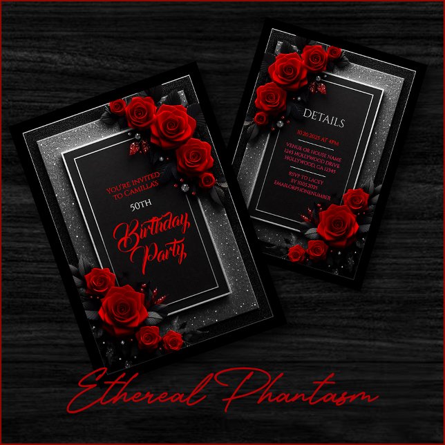 Invitation d'anniversaire noir et roses rouges élé (red black silver roses glitter birthday party wedding bridal elegant floral dark moody invitation.)