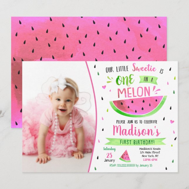 Invitation d'anniversaire One in a Melon (Devant / Derrière)