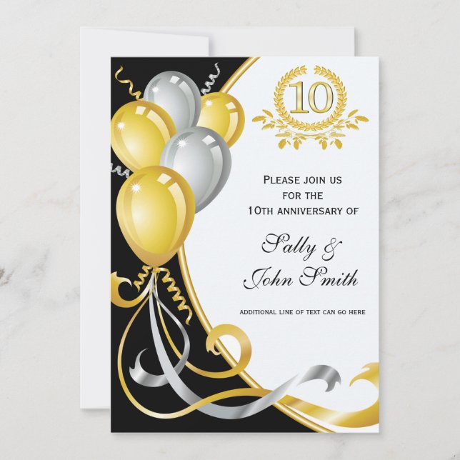 Invitation d'anniversaire or et argent 10e anniver (Devant)