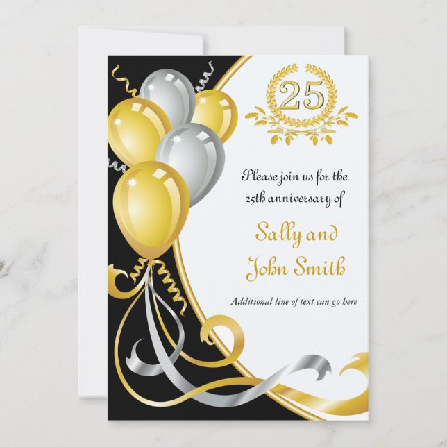 Invitation d'anniversaire or et argent pour 25e an (Devant)