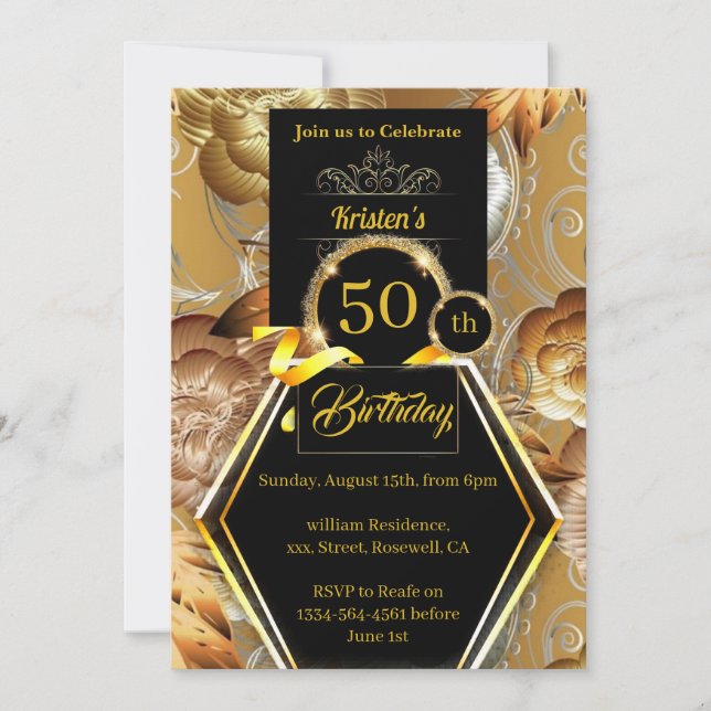Invitation d'anniversaire or et noir (Devant)