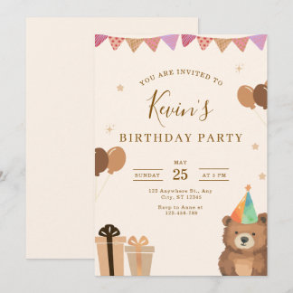 Invitation d'anniversaire ours en peluche marron, 