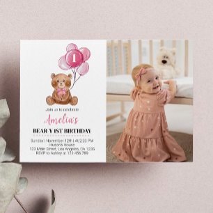 Invitation d'anniversaire ours en peluche rose bal