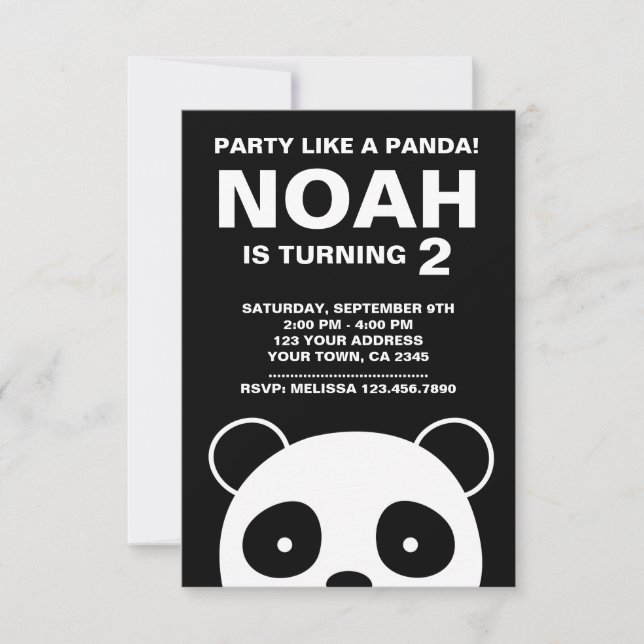 Invitation d'anniversaire Panda, Parti noir et bla (Devant)
