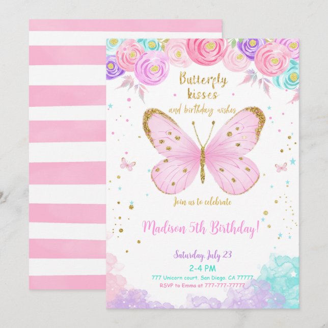 Invitation d'anniversaire papillon 5 ans aquarelle (Devant / Derrière)