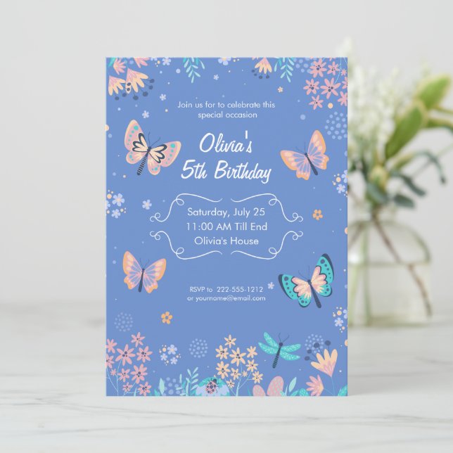 Invitation d'anniversaire Papillon Bleu et Rose, P (Debout devant)