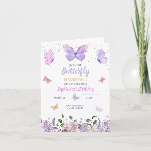 Invitation d'anniversaire papillon, Jardin Fleur s (Devant)
