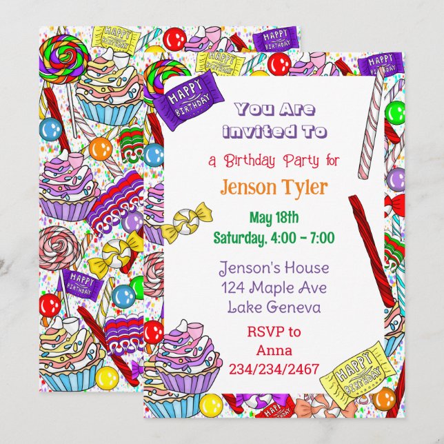 Invitation d'anniversaire personnalisée | Bonbons  (Devant / Derrière)