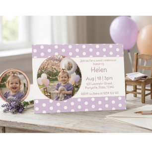 Invitation d'anniversaire photo à pois violets lav