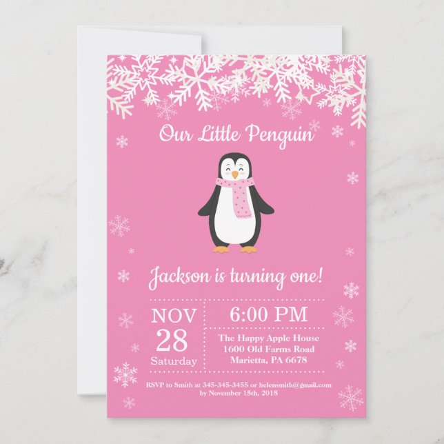 Invitation d'anniversaire Pingouin Winter Pink (Devant)