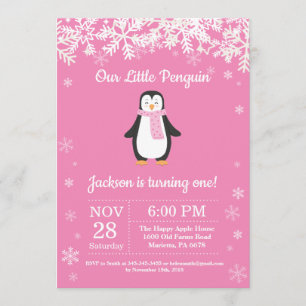 Invitation d'anniversaire Pingouin Winter Pink