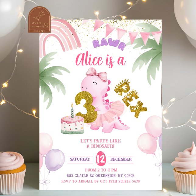 Invitation d'anniversaire Pink Pastel Dinosaur 3-r (Créateur téléchargé)