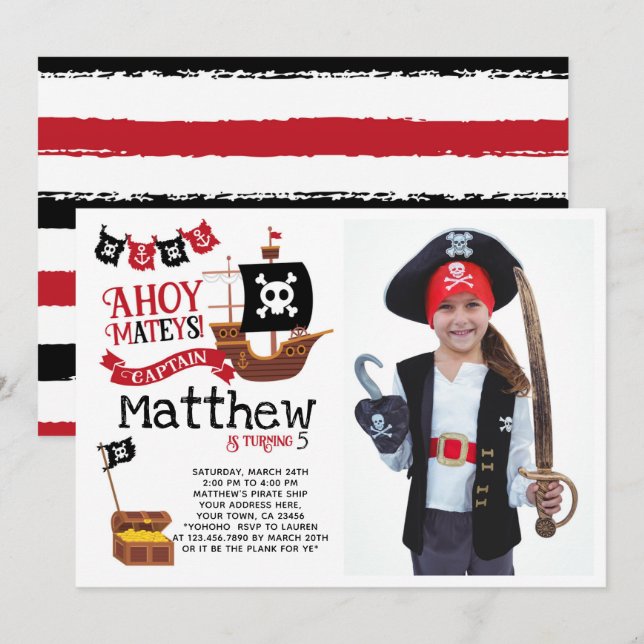Invitation d'anniversaire Pirate avec photo (Devant / Derrière)