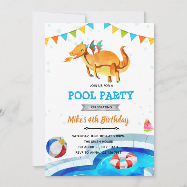 Invitation d'anniversaire piscine plage du dragon (Devant)