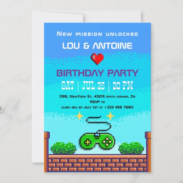 Invitation d'anniversaire Pixel Gamer (Devant)