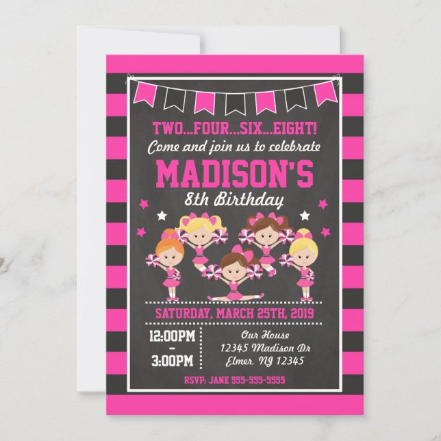 Invitation d'anniversaire pom-pom girl / rose et n (Devant)