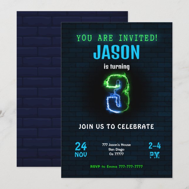 Invitation d'anniversaire pour 3ème garçon (Devant / Derrière)