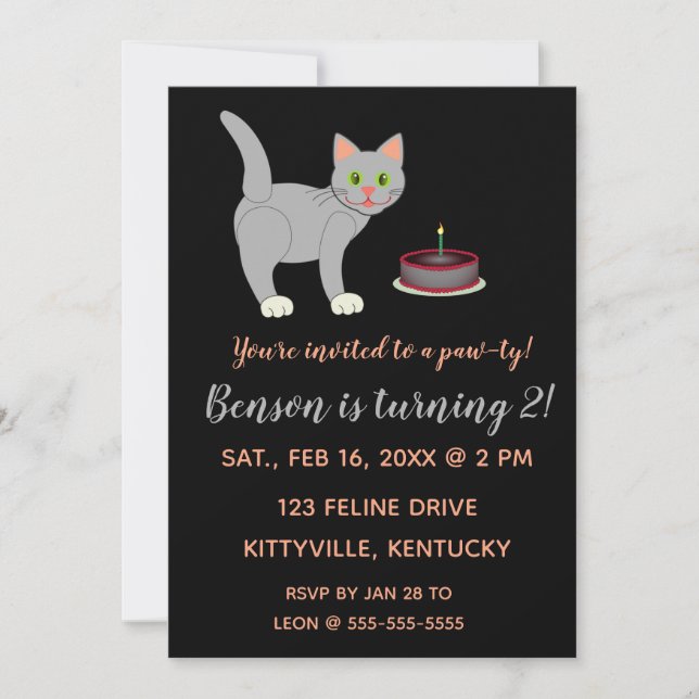 Invitation d'anniversaire pour chat et gâteau modi (Devant)