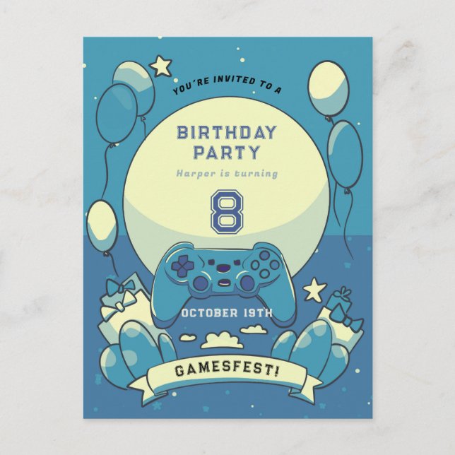 Invitation d'anniversaire pour enfants jeux bleus (Devant)