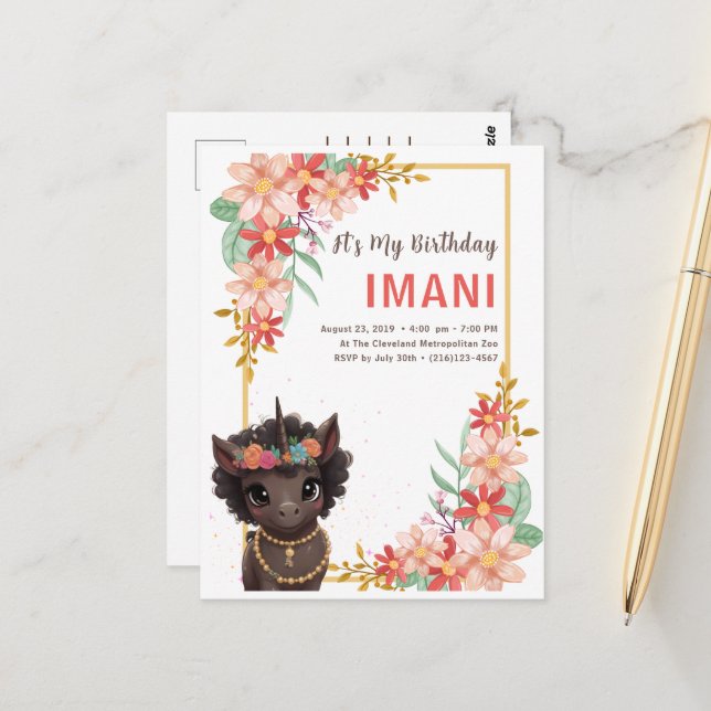 Invitation d'anniversaire pour enfants licorne mar (Devant/Arrière en situation)