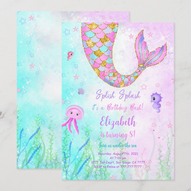 Invitation d'anniversaire pour enfants sirène (Devant / Derrière)