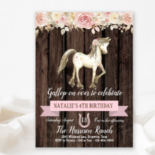 Invitation d'anniversaire pour fille avec poney et fleur aqu