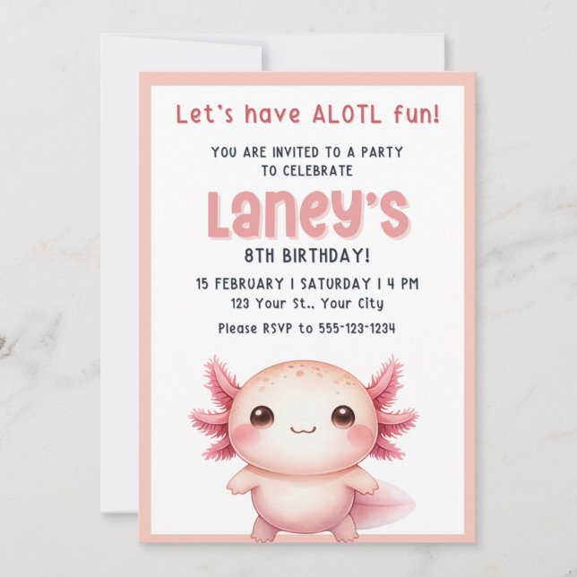Invitation d'anniversaire pour filles axolotl, Inv (Devant)