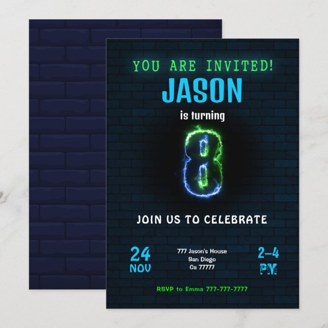 Invitation d'anniversaire pour garçon de 8 ans (Devant / Derrière)
