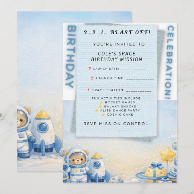 Invitation d'anniversaire pour l'aventure spatiale (Devant / Derrière)
