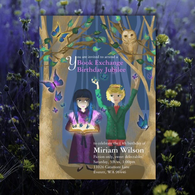 Invitation d'anniversaire pour l'échange de livres (purple blue book exchange book swap birthday party unique birthday invitation for girl)