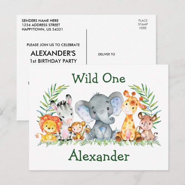 Invitation d'anniversaire pour les 1 an Safari Ani (Devant / Derrière)