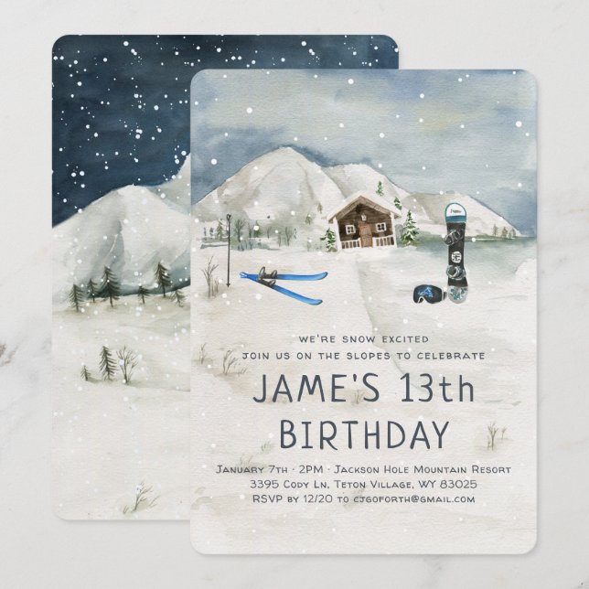 Invitation d'anniversaire pour snowboarding hivern (Devant / Derrière)