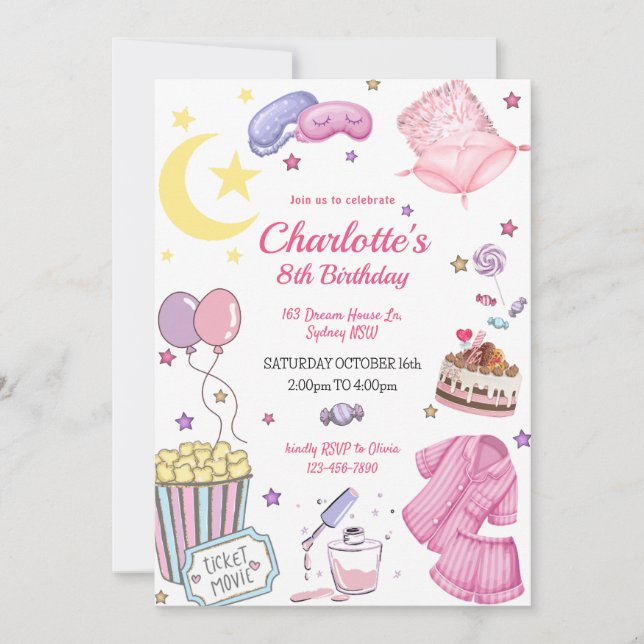 Invitation d'anniversaire pour soirée pyjama (Devant)