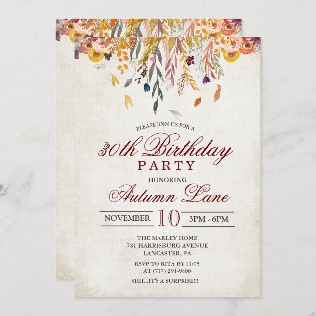 Invitation d'anniversaire pour tout âge - Feuilles (Devant / Derrière)