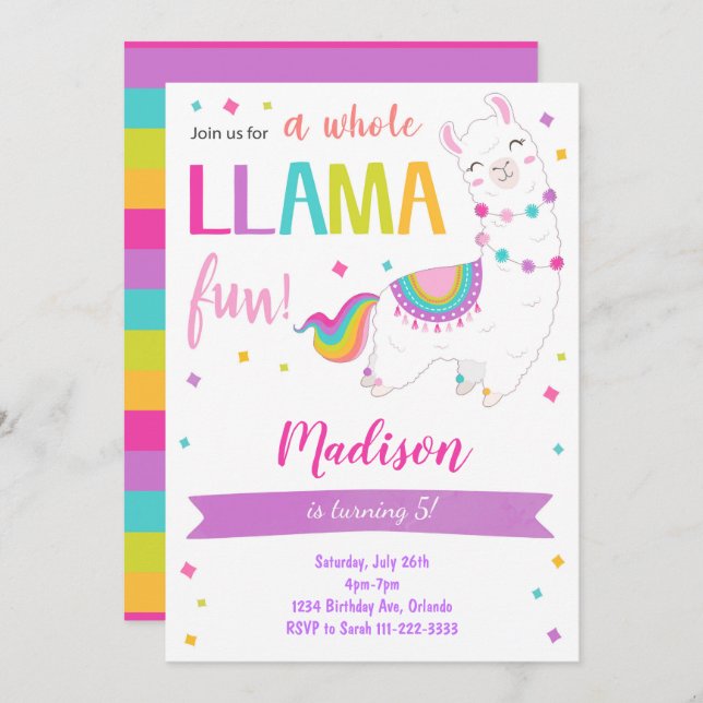 Invitation d'anniversaire pour toute la Llama (Devant / Derrière)