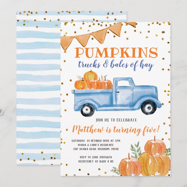 Invitation d'anniversaire pour un camion Citrouill (Devant / Derrière)