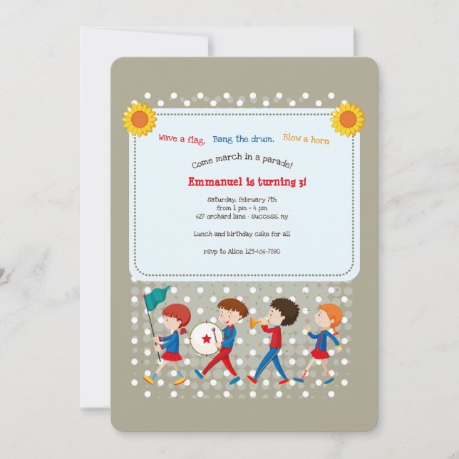 Invitation d'anniversaire pour un défilé musical (Devant)