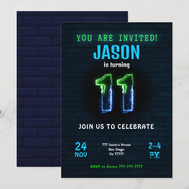 Invitation d'anniversaire pour un garçon de 11 ans (Devant / Derrière)