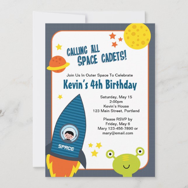 Invitation d'anniversaire pour un garçon spatial (Devant)