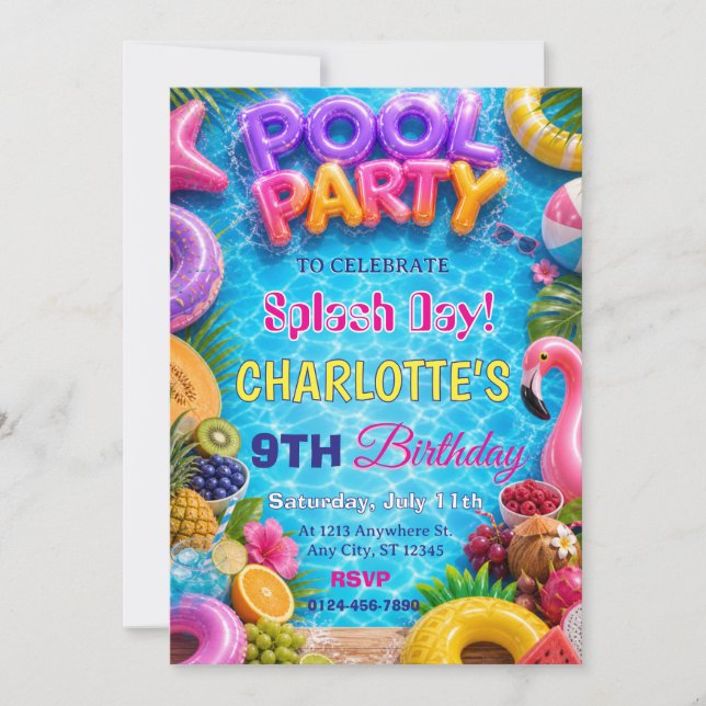 Invitation d'anniversaire pour une fête à la pisci (Devant)