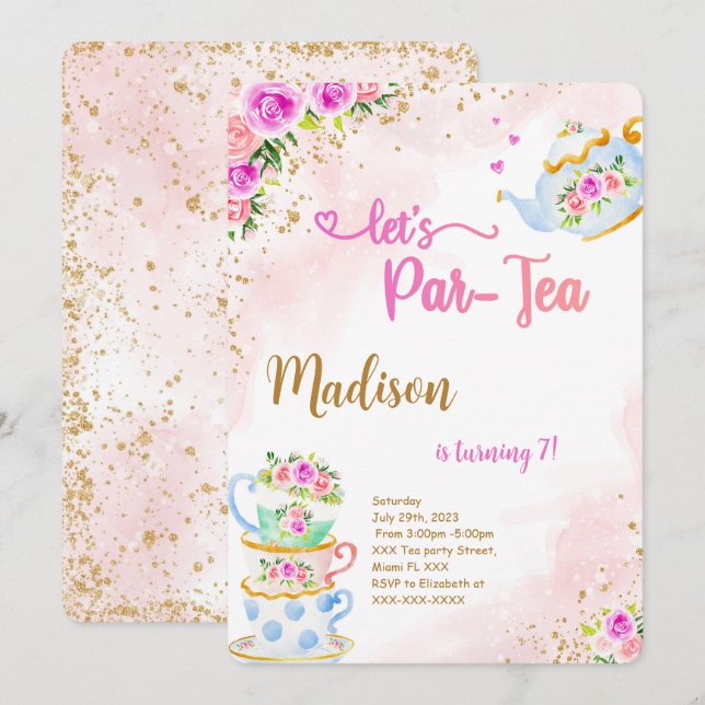 Invitation d'anniversaire pour une fête à thé or e (Devant / Derrière)