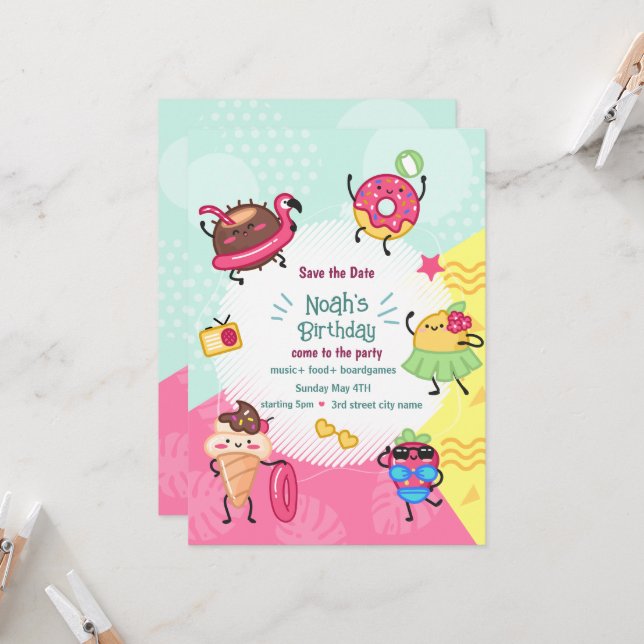 Invitation d'anniversaire pour une fête au bord de (Devant/Arrière en situation)