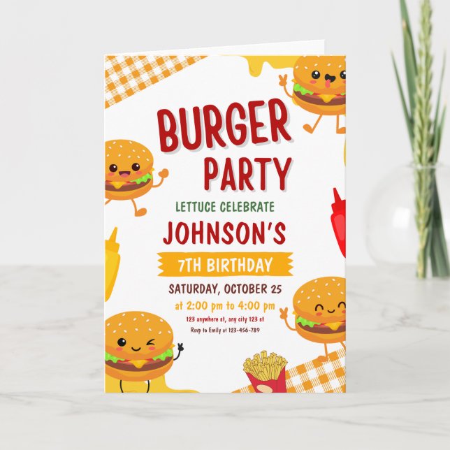 Invitation d'anniversaire pour une fête de burgers (Devant)