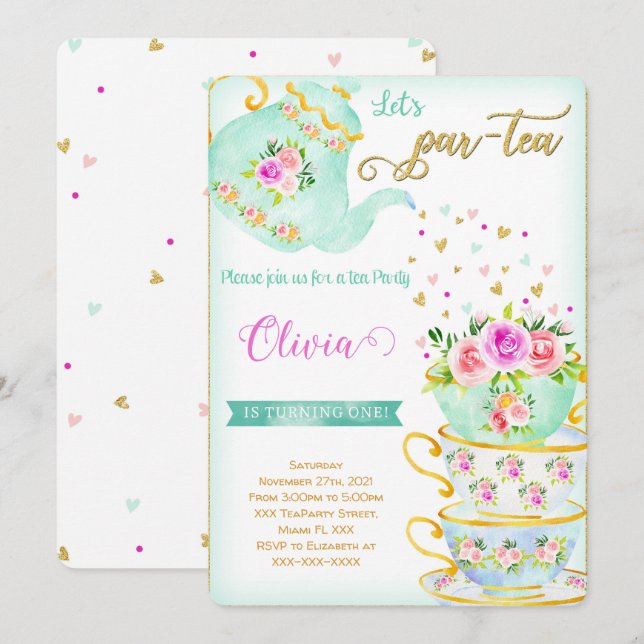 Invitation d'anniversaire pour une fête de thé (Devant / Derrière)