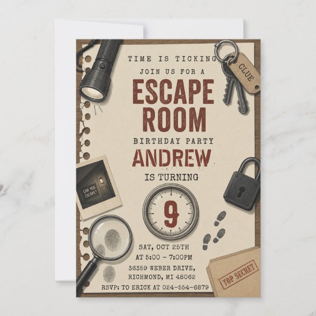 Invitation d'anniversaire pour une salle d'évasion (Devant)