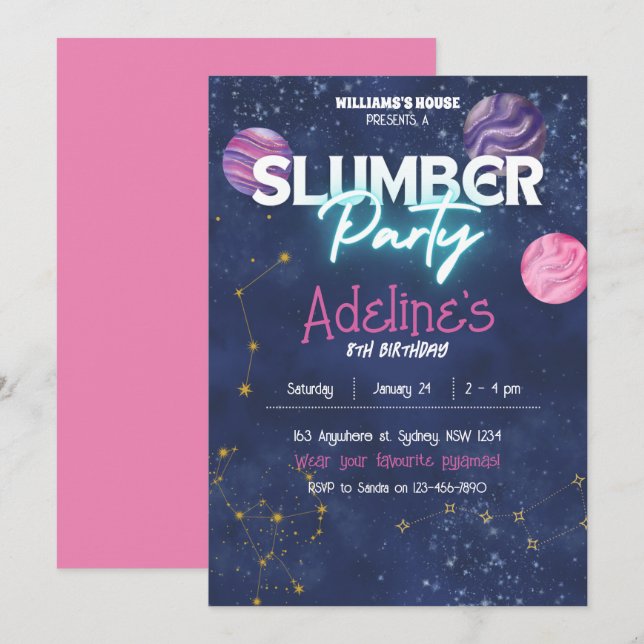 Invitation d'anniversaire pour une soirée pyjama g (Devant / Derrière)