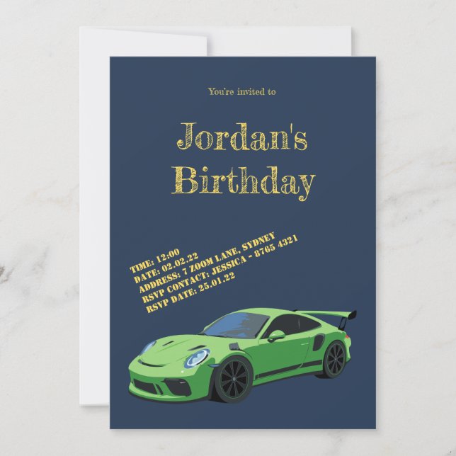 Invitation d'anniversaire pour voiture de sport ve (Devant)