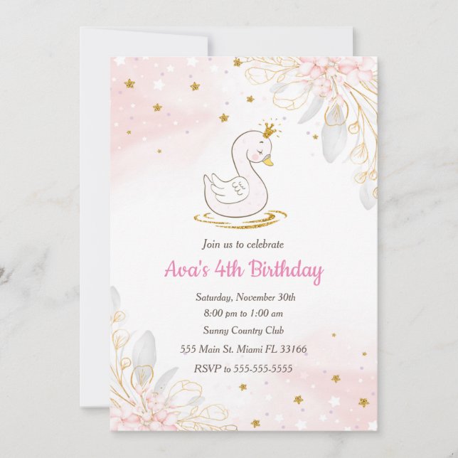 Invitation d'anniversaire princesse cygne rose or (Devant)